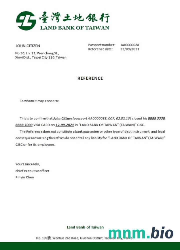 Tajwański bank ziemi Tajwanu przykład odniesienia do zamknięcia w formatach Word i PDF